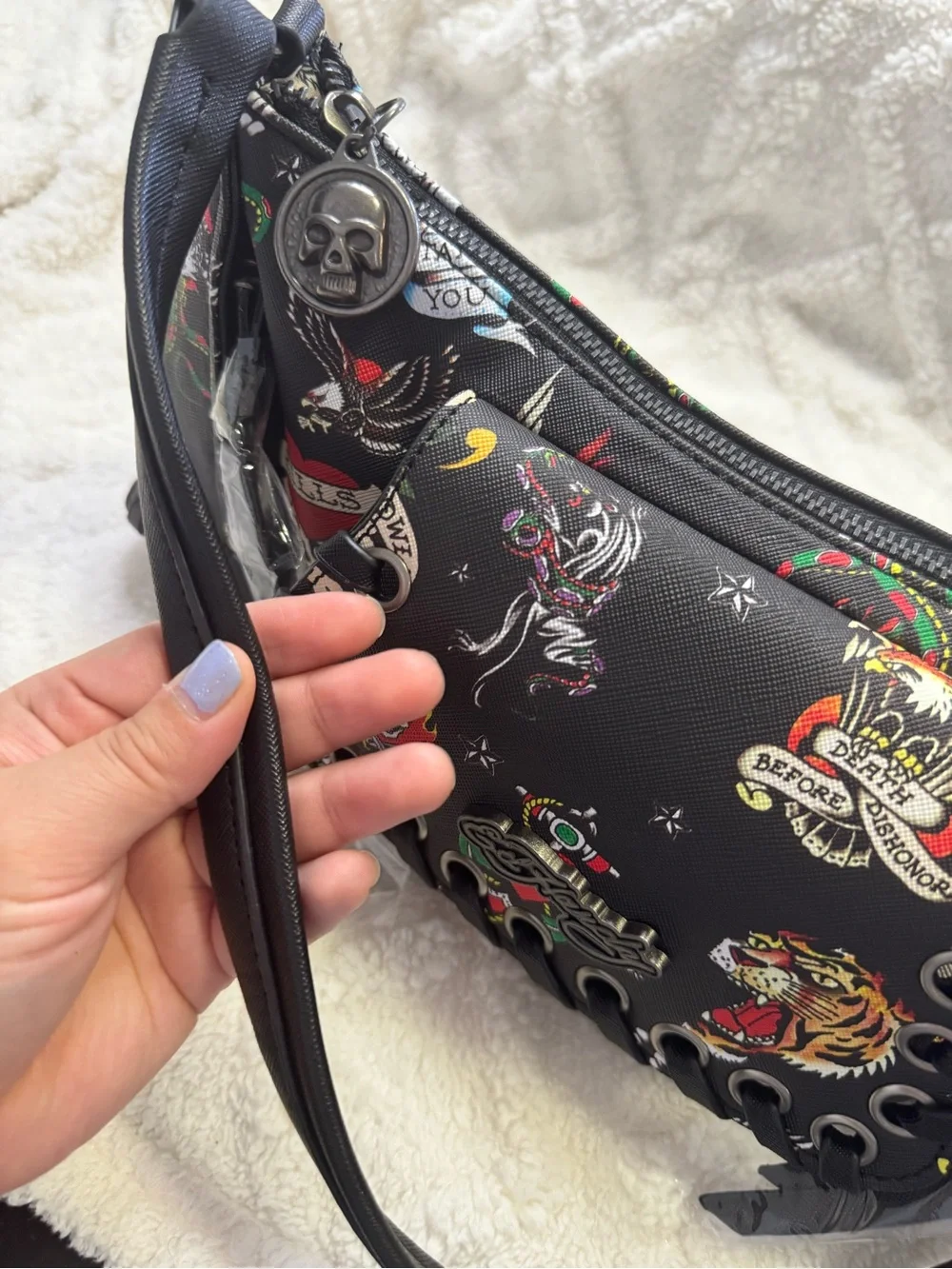 Ed Hardy Black Multicolor Tattoo-Print Crossbody Bag with Grommet Trim